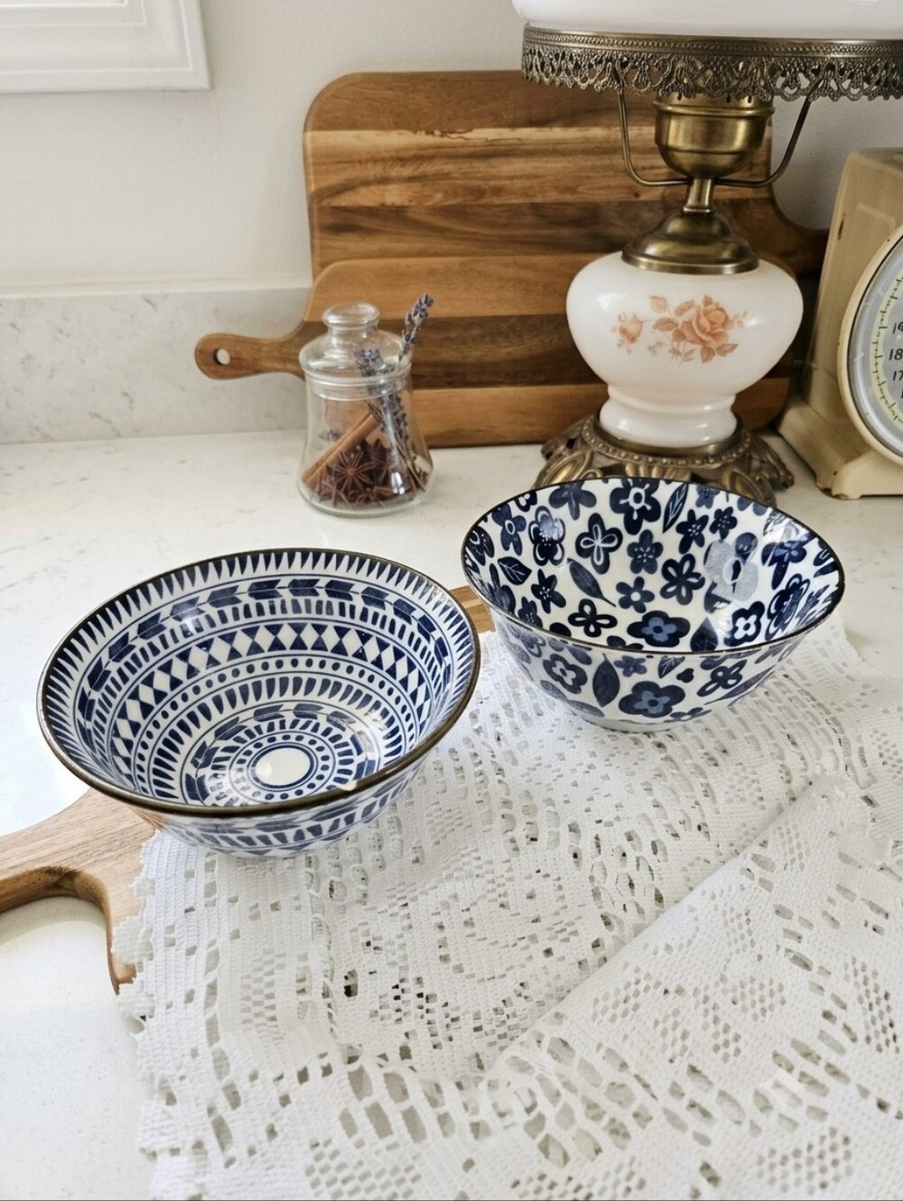 Set of 2 Japanese Blue & White Ceramic Rice Bowls | Floral & Geometric Sinyo